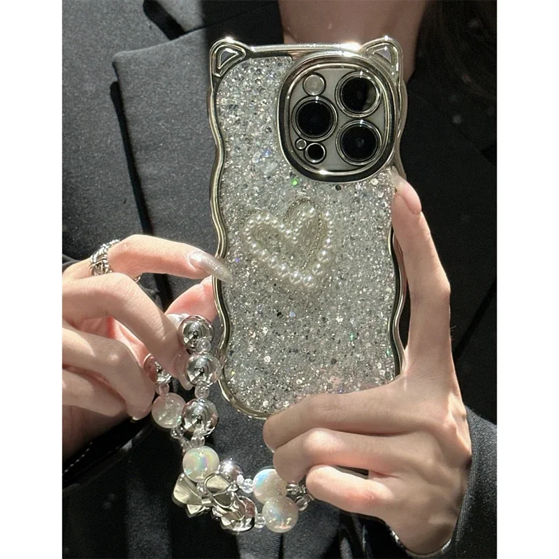 Cute cat ear bling gitlater Pearl Heart phone case bead strap for iPhone 15 13 14 12 11 pro Max wasy frame soft silicone cover
Cute cat ear bling gitlater Pearl Heart phone case bead strap for iPhone 15 13 14 12 11 pro Max wasy frame soft silicone cover