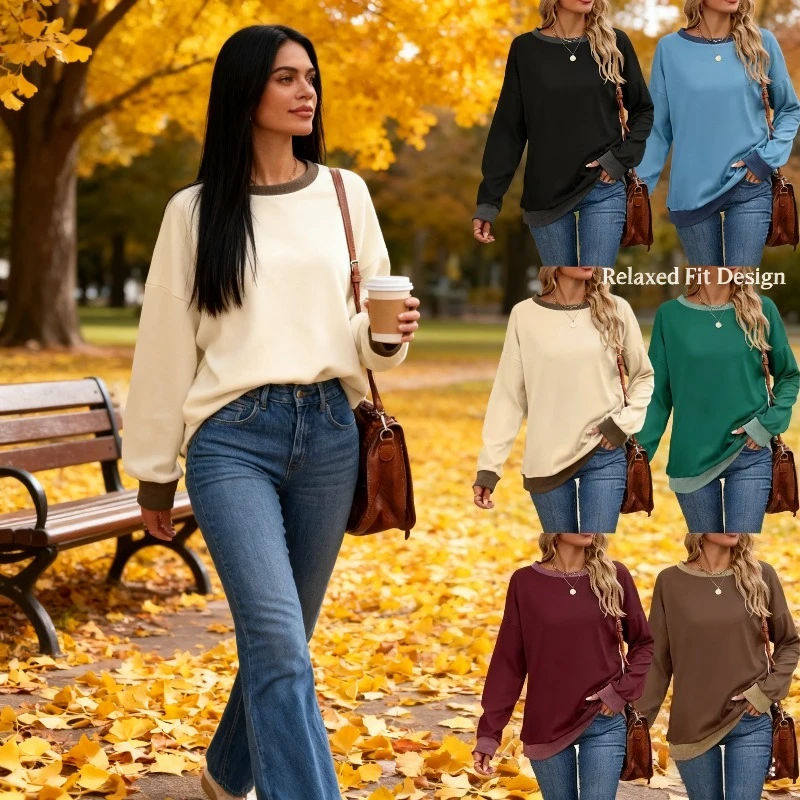 2025 Women's Round-neck Loose Top Long Sleeve Color-blocked Sweatshirt
2025 Women's Round-neck Loose Top Long Sleeve Color-blocked Sweatshirt