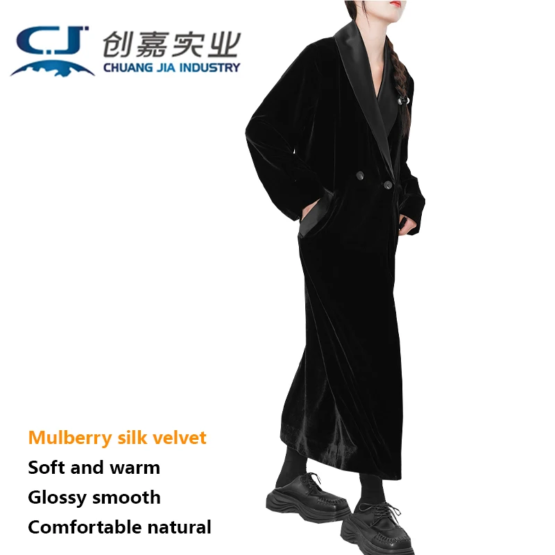 Silk Velvet Ladies Long Coat Luxury Noble Black Mulberry Silk Windbreaker Spring Autumn Leisure Comfortable and Soft Delicate
Silk Velvet Ladies Long Coat Luxury Noble Black Mulberry Silk Windbreaker Spring Autumn Leisure Comfortable and Soft Delicate