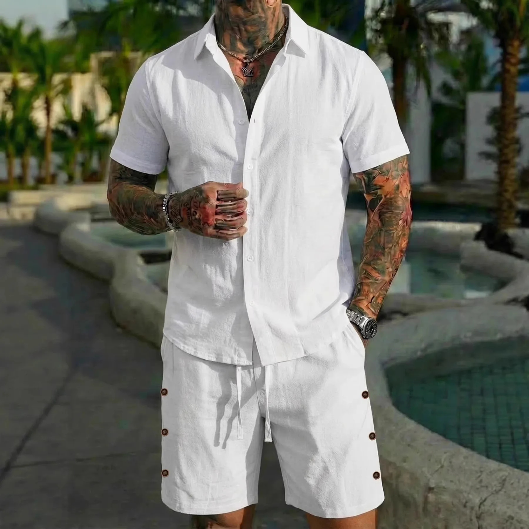New Solid color Cotton Linen Short sleeved Men's Shirt Set, Summer Casual Beach Vacation Shorts Set, Hawaiian Men's 2-Piece Set
New Solid color Cotton Linen Short sleeved Men's Shirt Set, Summer Casual Beach Vacation Shorts Set, Hawaiian Men's 2-Piece Set