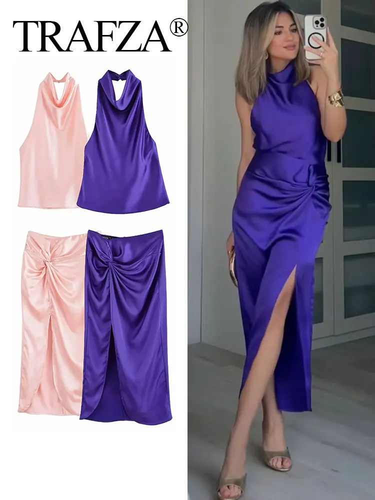 TRAFZA Elegant Satin Texture Suit For Women Sleeveless Halter Neck Backless Top+Slit Knot Decorate Midi Skirt Summer Retro Set
TRAFZA Elegant Satin Texture Suit For Women Sleeveless Halter Neck Backless Top+Slit Knot Decorate Midi Skirt Summer Retro Set