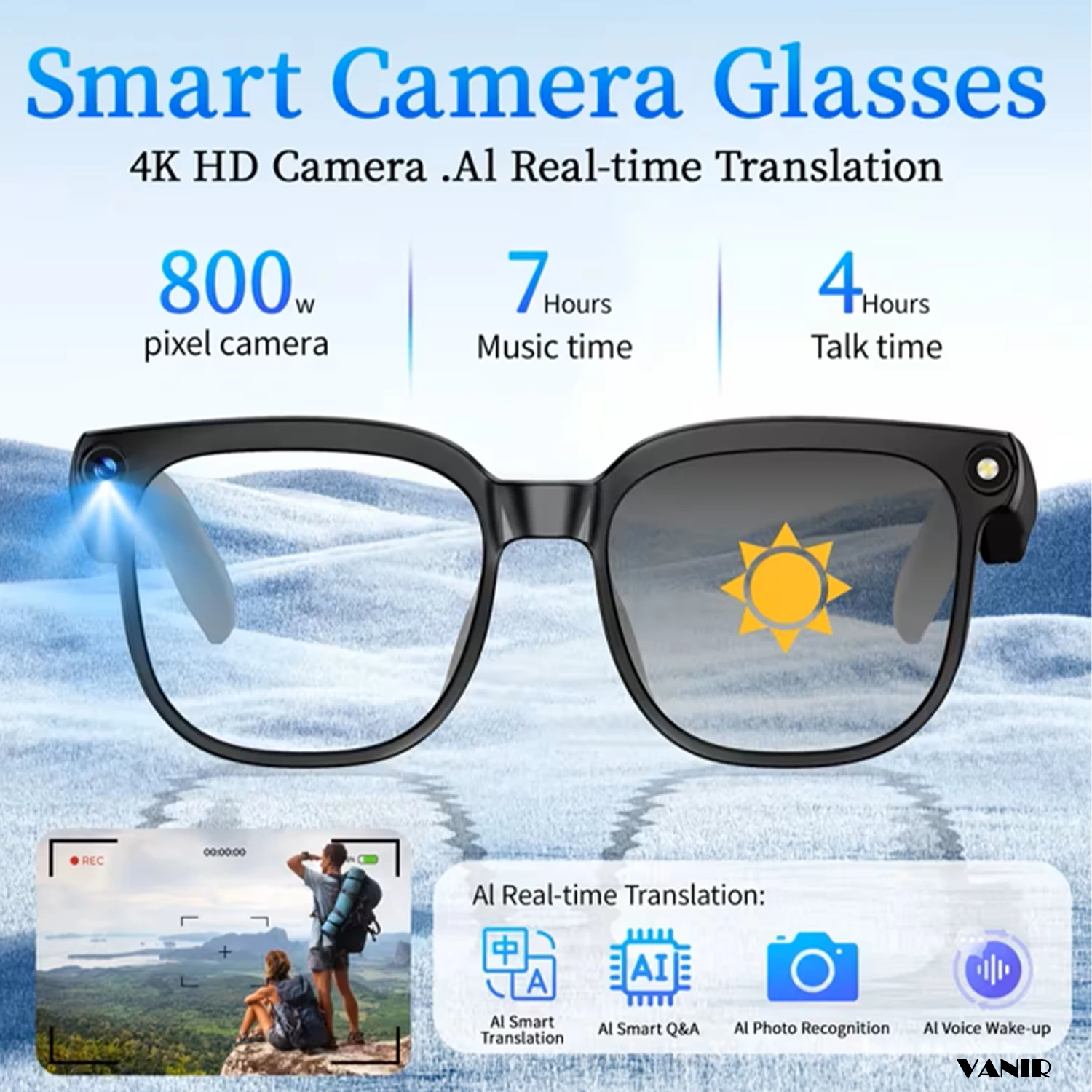 VANIR Smart glasses feature wireless Bluetooth 5.4, photochromic lenses, built-in microphones, and a voice assistant.
VANIR Smart glasses feature wireless Bluetooth 5.4, photochromic lenses, built-in microphones, and a voice assistant.