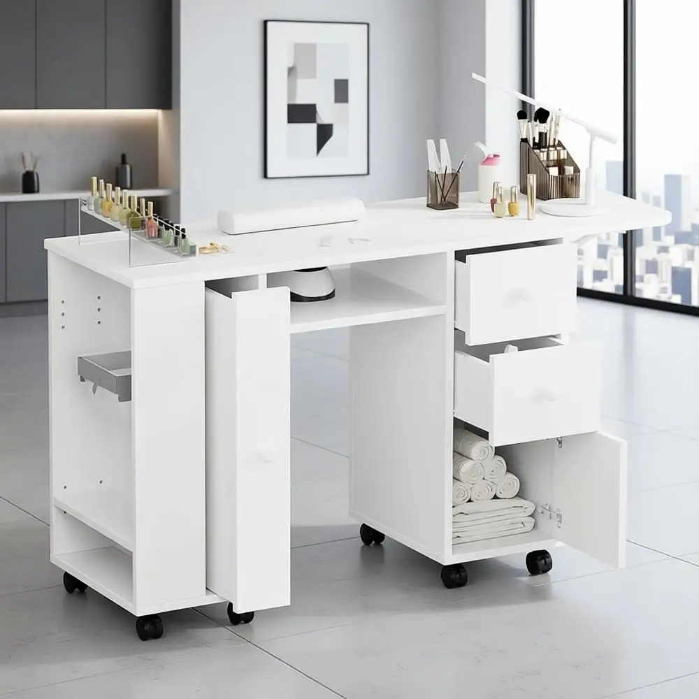 White Nail Technician Station with Cushion, Lockable Wheels, Storage, and Trash Bag Holder
White Nail Technician Station with Cushion, Lockable Wheels, Storage, and Trash Bag Holder