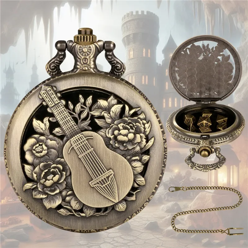 Vintage 7 X Metal Polyhedral Dice Role Play Gaming Dices with Hollow Guitar Flower Design Pocket Watch Case Pendant Chain Gifts
Vintage 7 X Metal Polyhedral Dice Role Play Gaming Dices with Hollow Guitar Flower Design Pocket Watch Case Pendant Chain Gifts
