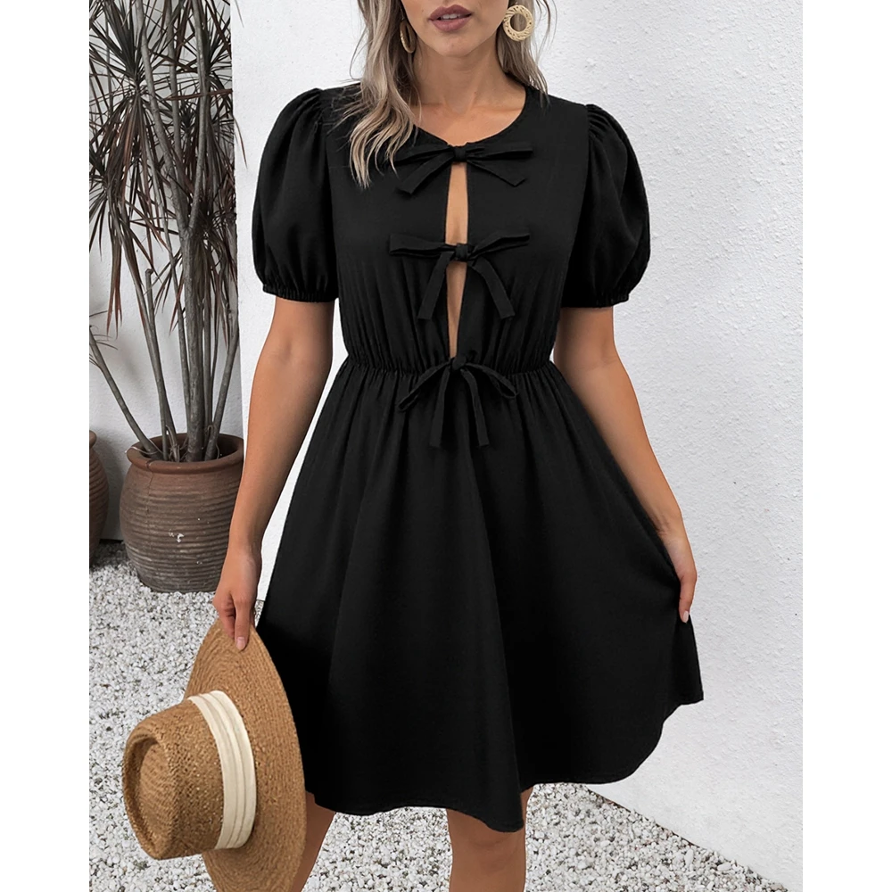 Summer Bowknot Tie-Belt Front Short Sleeve Dress Elastic Waist Loose Fit Long Dress for Women
Summer Bowknot Tie-Belt Front Short Sleeve Dress Elastic Waist Loose Fit Long Dress for Women