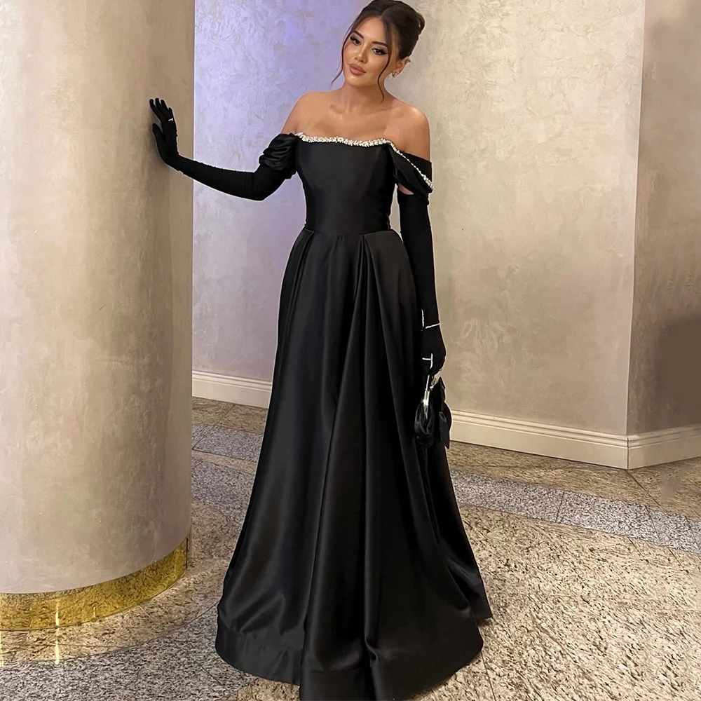 Arya Black Satin Evening Dress Off the Shoulder Short Sleeve A-Line Floor Length with Beading Party Women Formal Occasion Gowns
Arya Black Satin Evening Dress Off the Shoulder Short Sleeve A-Line Floor Length with Beading Party Women Formal Occasion Gowns