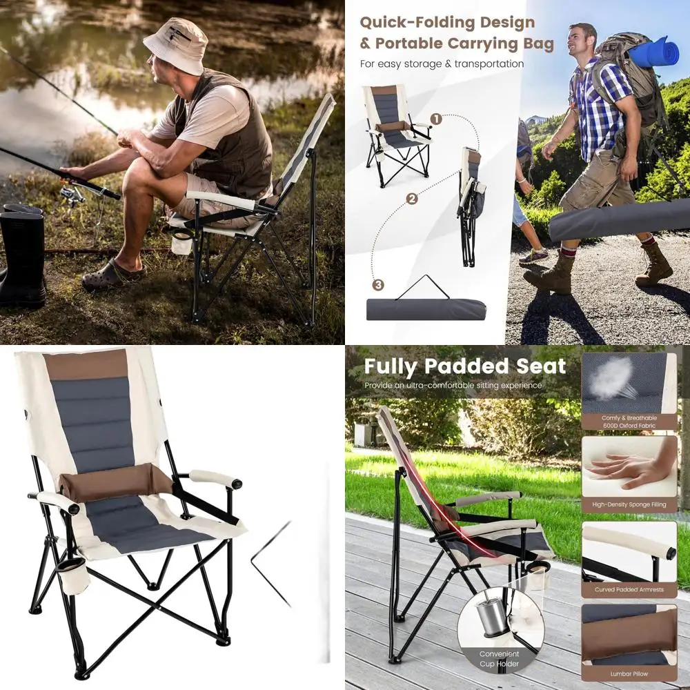 Folding Camping Chair, Portable Lightweight Camp Chair with Lumbar Support, Padded Seat, Carrying Bag, Cup Holder, Outdoor Lawn
Folding Camping Chair, Portable Lightweight Camp Chair with Lumbar Support, Padded Seat, Carrying Bag, Cup Holder, Outdoor Lawn