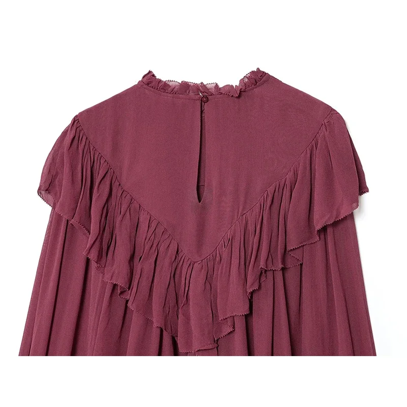 Elegant Wine Red Chiffon Blouse with Ruffle Trim, Long Sleeve Casual Top for Women
Elegant Wine Red Chiffon Blouse with Ruffle Trim, Long Sleeve Casual Top for Women