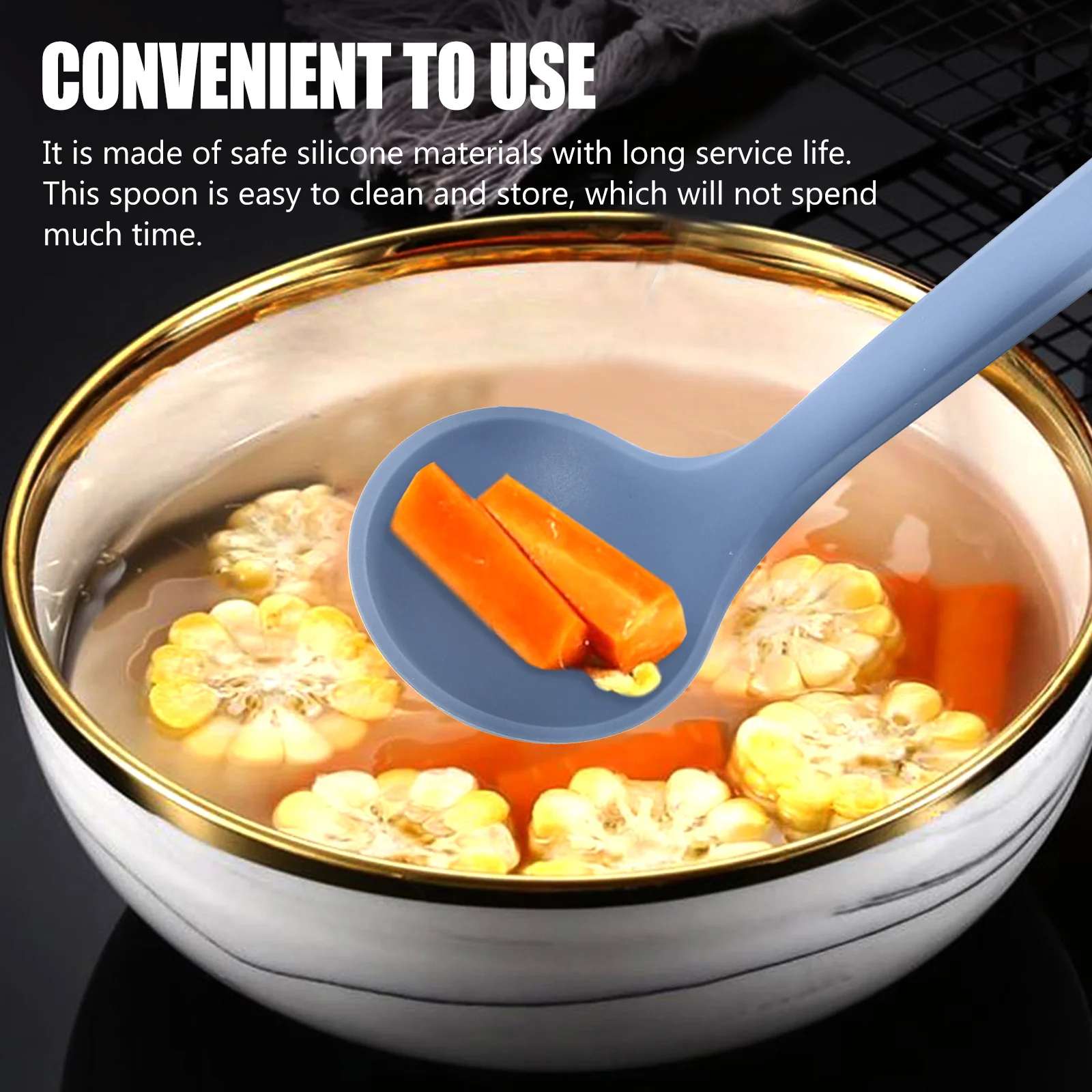 Non-Stick Blue Silicone Soup Spoon Long Handle Design Easy Clean for Kitchen Cooking Porridge Hot Pot 
Non-Stick Blue Silicone Soup Spoon Long Handle Design Easy Clean for Kitchen Cooking Porridge Hot Pot
