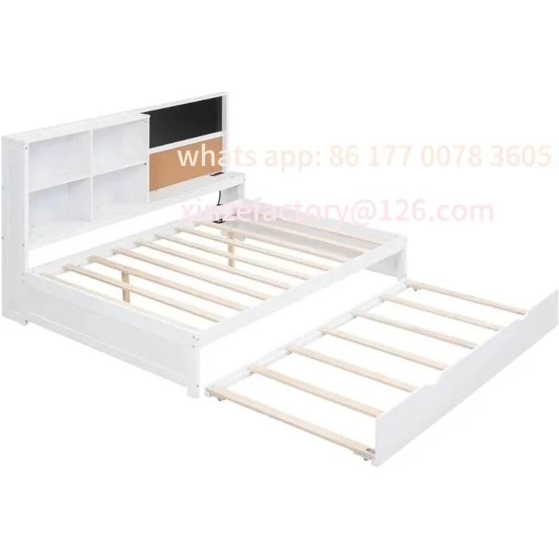 Customizable full size daybed with trundle, wood full daybed frame with storage shelves, blackboard, cork board and usb ports
Customizable full size daybed with trundle, wood full daybed frame with storage shelves, blackboard, cork board and usb ports