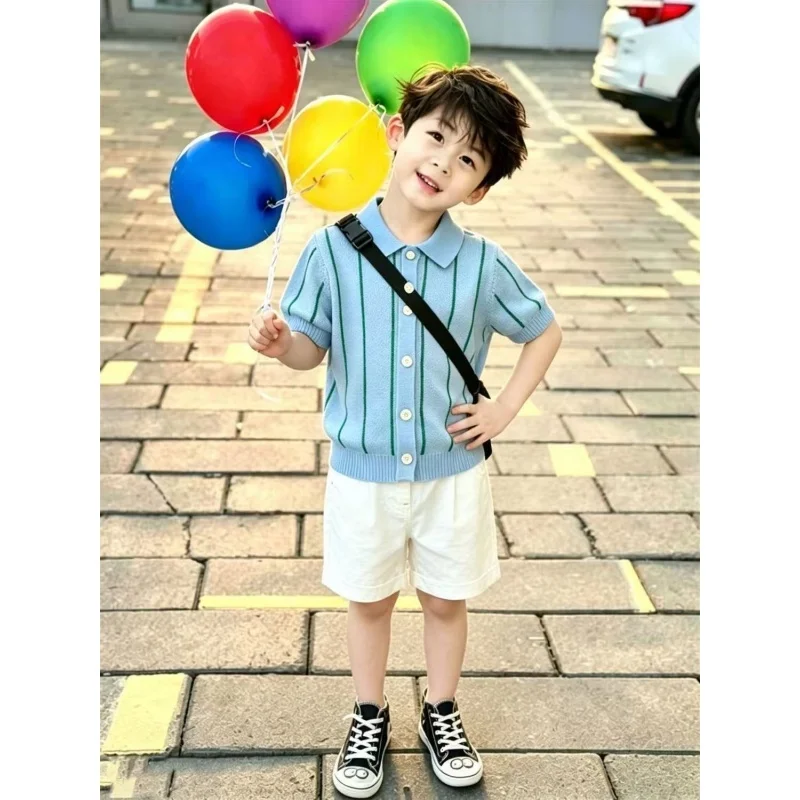 Boys' Summer Set Fashion New Style Children's Blue Striped Polo Collar Short Sleeve Knitted Shirt+Casual Shorts 2-piece Set
Boys' Summer Set Fashion New Style Children's Blue Striped Polo Collar Short Sleeve Knitted Shirt+Casual Shorts 2-piece Set