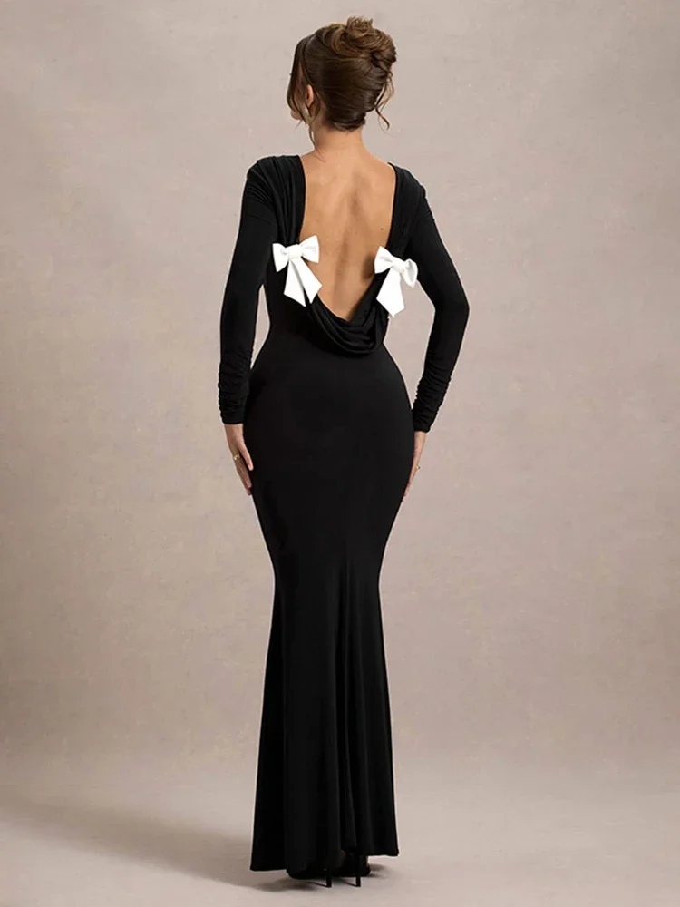 TARUXY Elegant Backless Bows Maxi Dress Female Chic Bodycon Long Sleeve Club Party Outfits Fashion Black Dresses Vestido Ladies
TARUXY Elegant Backless Bows Maxi Dress Female Chic Bodycon Long Sleeve Club Party Outfits Fashion Black Dresses Vestido Ladies