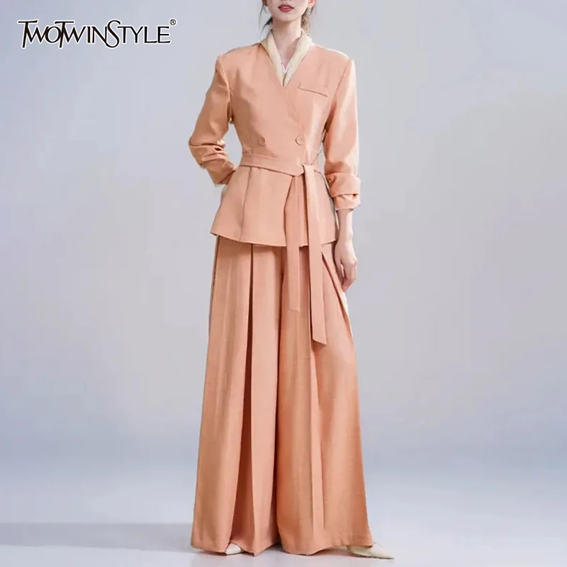 TWOTWINSTYLE Solid Two Piece Set For Women V Neck Long Sleeve Spliced Lace Up Coat High Waist Wide Leg Pant Elegant Sets Female
TWOTWINSTYLE Solid Two Piece Set For Women V Neck Long Sleeve Spliced Lace Up Coat High Waist Wide Leg Pant Elegant Sets Female