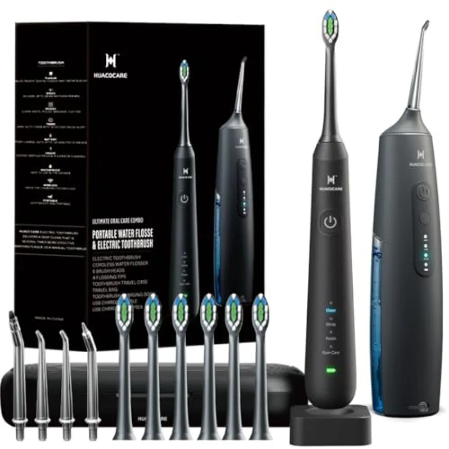 Oral Clean Kit for home dental care: water flosser electric toothbrush combo in black, stainless steel and silicone, dual-actio
Oral Clean Kit for home dental care: water flosser electric toothbrush combo in black, stainless steel and silicone, dual-actio