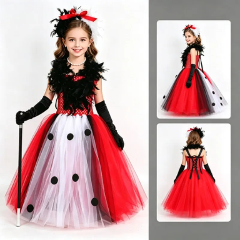 Witch-style girls' Halloween dress, retro red-and-white polka dot long fluffy skirt with feather decorations, festival costume
Witch-style girls' Halloween dress, retro red-and-white polka dot long fluffy skirt with feather decorations, festival costume