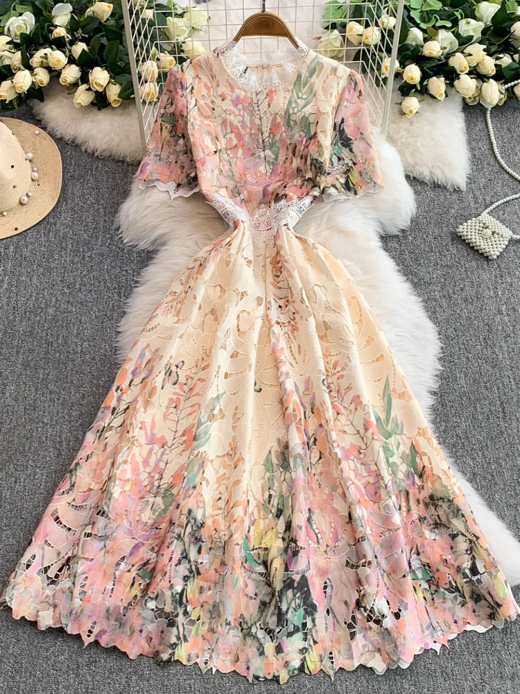 Fashion Elegant Dresses Hollow Out Lace Patchwork Print O Neck Short Sleeve Dress Summer Female Slim Design 2025 Women Clothing
Fashion Elegant Dresses Hollow Out Lace Patchwork Print O Neck Short Sleeve Dress Summer Female Slim Design 2025 Women Clothing