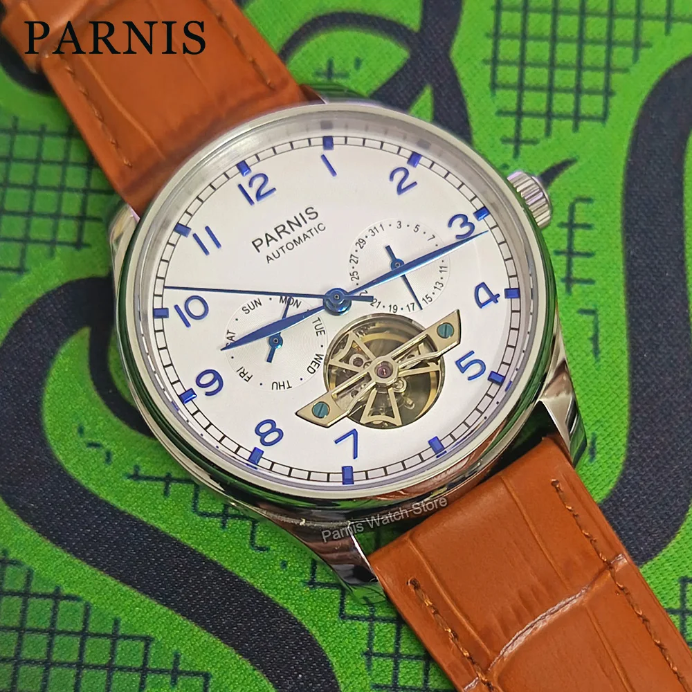 43mm Parnis Automatic Mechanical Mens Watch Flywheel Dial Genuine Leather Strap Wristwatch
43mm Parnis Automatic Mechanical Mens Watch Flywheel Dial Genuine Leather Strap Wristwatch
