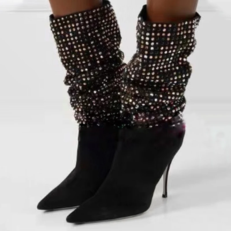 Black Suede Mixed Crystal Boots Sexy Pointed Toe Thin Heel Winter Mid-calf Boots Colorful Rhinestone Patchwork Fashion Shoes 42
Black Suede Mixed Crystal Boots Sexy Pointed Toe Thin Heel Winter Mid-calf Boots Colorful Rhinestone Patchwork Fashion Shoes 42