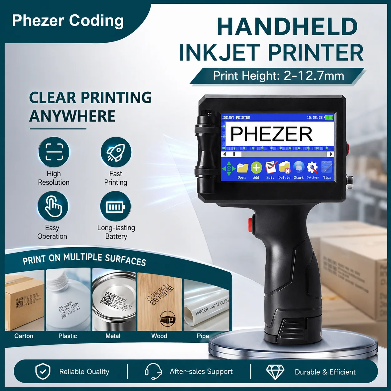 For Hp Phezer 12.7mm Label Printer Batch Code Date Number QR Bar Logo Expiry P15 Handheld Inkjet Printer 28 Languages Portable