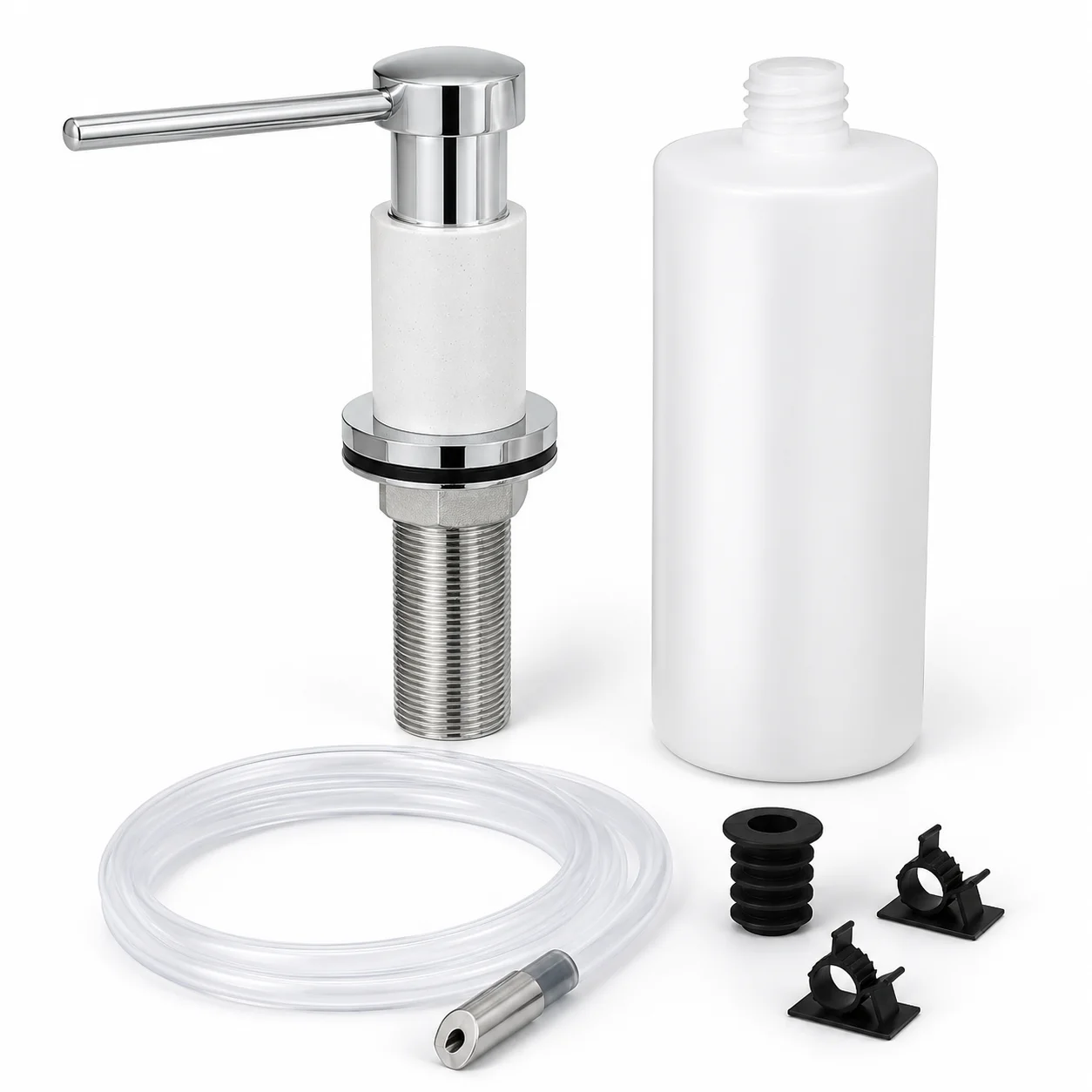 Brass Kitchen Sink Soap Dispenser with 17oz Bottle and 120mm Extension Tube Chrome Top Refill Pump
Brass Kitchen Sink Soap Dispenser with 17oz Bottle and 120mm Extension Tube Chrome Top Refill Pump