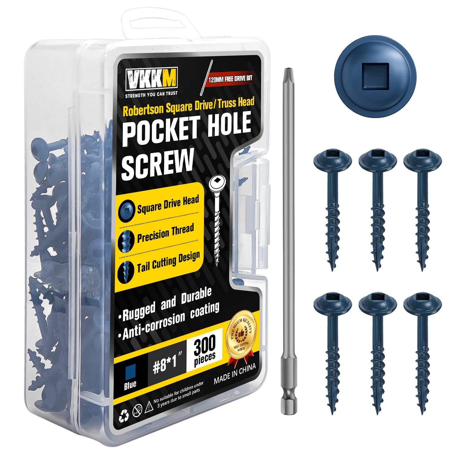300Pcs #8 x 1" Pocket Hole Screws, Blue Coated Exterior Pocket Screws, Square Drive, Washer Head, 120MM Drive Bit Included
300Pcs #8 x 1" Pocket Hole Screws, Blue Coated Exterior Pocket Screws, Square Drive, Washer Head, 120MM Drive Bit Included