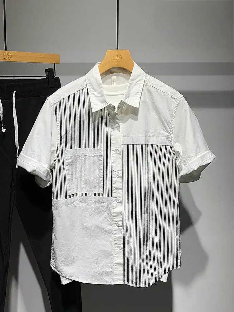 Casual Stripe Patchwork Pure Cotton Summer Fashion Shoulder Drop Wide Version Men's Short Sleeve Shirt Youth Popular Loose Fit
Casual Stripe Patchwork Pure Cotton Summer Fashion Shoulder Drop Wide Version Men's Short Sleeve Shirt Youth Popular Loose Fit