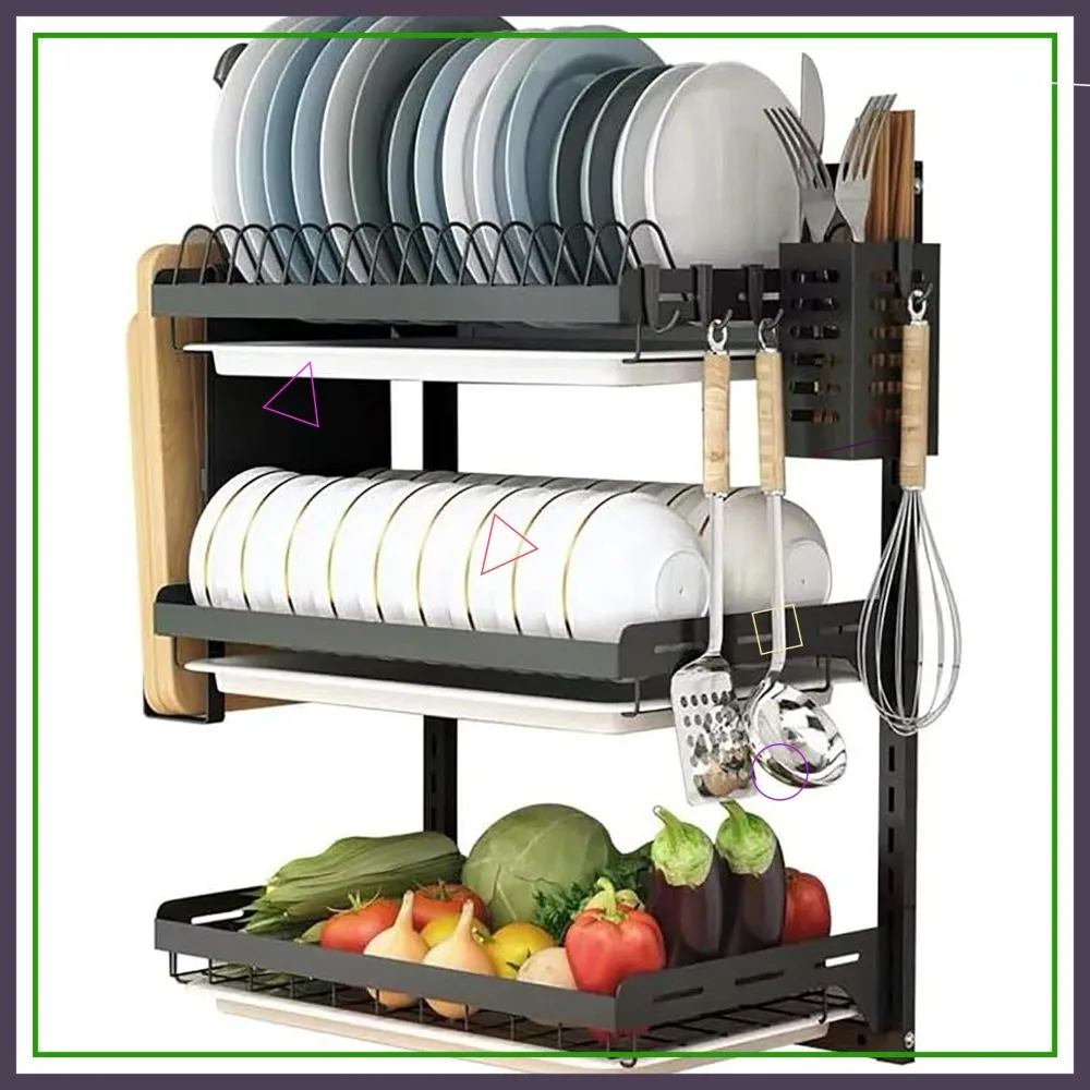 3-Tier Stainless Steel Dish Drying Rack with Drainboard, Hanging Utensil Holder, and Wall Mount for Kitchen Organization
3-Tier Stainless Steel Dish Drying Rack with Drainboard, Hanging Utensil Holder, and Wall Mount for Kitchen Organization