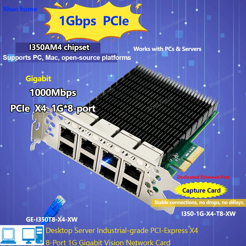 8-Port Gigabit Ethernet PCIe x4 RJ45 Network Card For Intel I350AM4+Dual Bracket 1Gbps High-Speed Vision Capture Server PC NIC
8-Port Gigabit Ethernet PCIe x4 RJ45 Network Card For Intel I350AM4+Dual Bracket 1Gbps High-Speed Vision Capture Server PC NIC