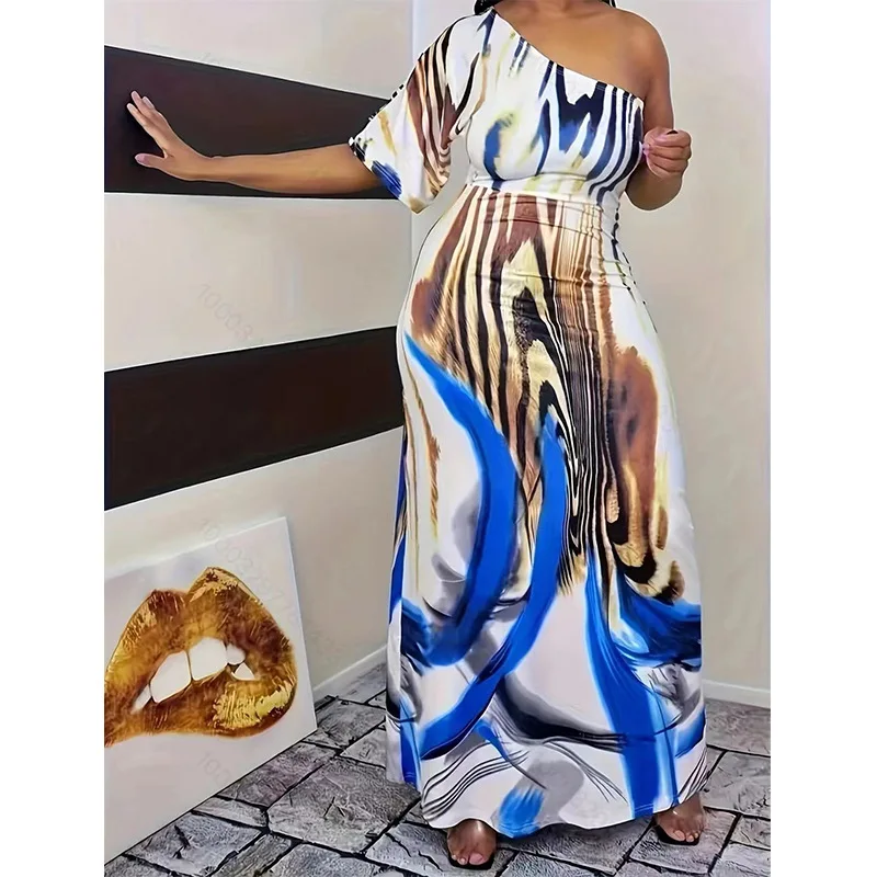 Large Summer New Single Sleeve Slant Shoulder Printed Dress with Abstract Art Pattern, Slimming and Hip hugging Long Dress
Large Summer New Single Sleeve Slant Shoulder Printed Dress with Abstract Art Pattern, Slimming and Hip hugging Long Dress
