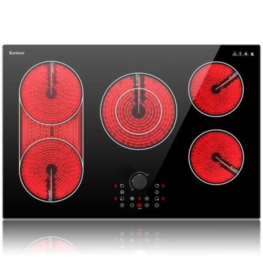 Electric Cooktop 30 Inch for Kitchen, Glass Ceramic, Black, Magnetic Knob + Bridge BBQ + 5 Burners + 8600W Power + 9 Heat Level
Electric Cooktop 30 Inch for Kitchen, Glass Ceramic, Black, Magnetic Knob + Bridge BBQ + 5 Burners + 8600W Power + 9 Heat Level