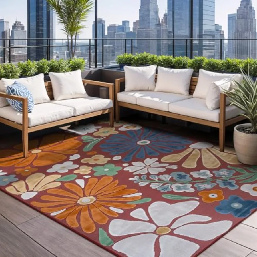 Outdoor 9x12 modern floral tropical rug for patio, porch, garden, living room; polypropylene, red; UV-resistant, washable, non-
Outdoor 9x12 modern floral tropical rug for patio, porch, garden, living room; polypropylene, red; UV-resistant, washable, non-