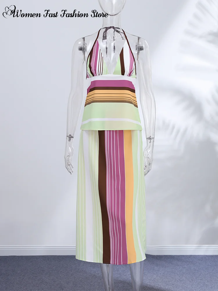 Striped Print 2-piece Beach Outfits 2026 Summer Sexy V-neck Halter Lace-up Backless Tank Tops Long Skirt Women's Vest Skirts Set
Striped Print 2-piece Beach Outfits 2026 Summer Sexy V-neck Halter Lace-up Backless Tank Tops Long Skirt Women's Vest Skirts Set