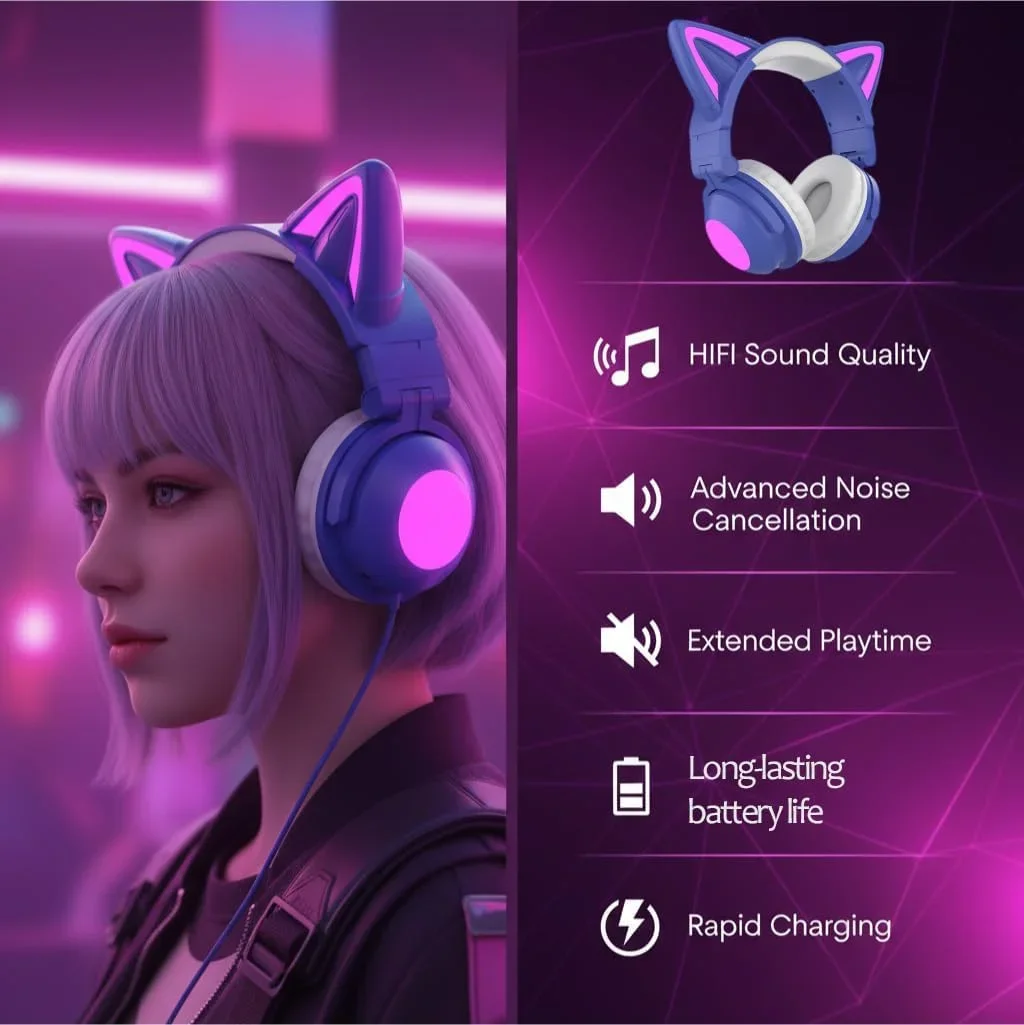 Cat Ear Design RGB Wireless Headset Bluetooth 5.0+Wired Dual Mode Foldable Over-ear Headphones ANC Noise Reduction for Gaming
Cat Ear Design RGB Wireless Headset Bluetooth 5.0+Wired Dual Mode Foldable Over-ear Headphones ANC Noise Reduction for Gaming