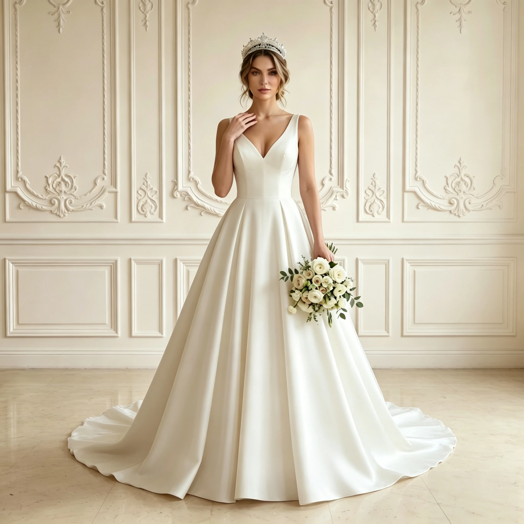 Sleeveless Deep V A Line Satin Wedding Dress Simple Minimalist Button Back Flowing Chapel Train Elegant Bridal Gown
Sleeveless Deep V A Line Satin Wedding Dress Simple Minimalist Button Back Flowing Chapel Train Elegant Bridal Gown