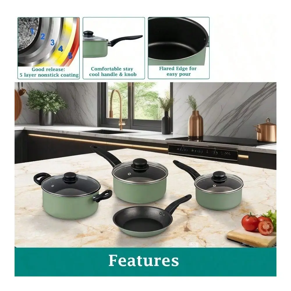 Piece Green Nonstick Aluminum Cookware Set, Heavy Duty Quick Heating Design, Scratch Resistant Easy Clean Pots And Pans Kit, Ki
Piece Green Nonstick Aluminum Cookware Set, Heavy Duty Quick Heating Design, Scratch Resistant Easy Clean Pots And Pans Kit, Ki