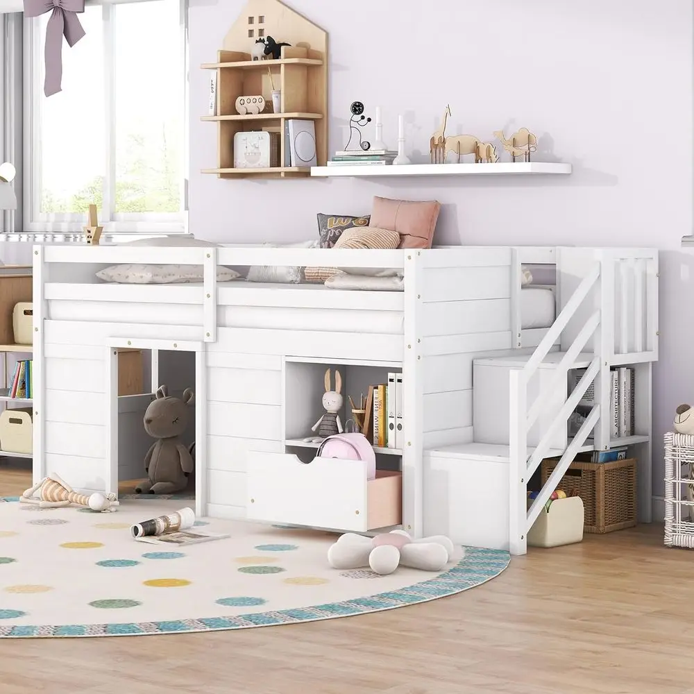 Twin Size Low Loft Bed with Storage, Wooden Kids Bed with Stairs, Twin Loft Bed with Shelves and Storage Space, Suitable for Gir
Twin Size Low Loft Bed with Storage, Wooden Kids Bed with Stairs, Twin Loft Bed with Shelves and Storage Space, Suitable for Gir