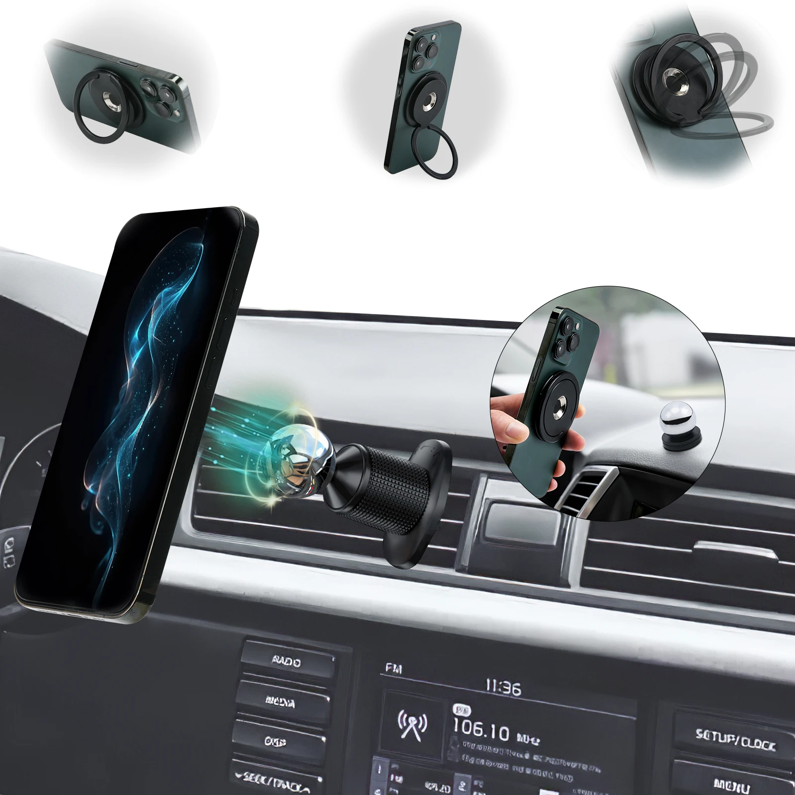 3-in-1 Magnetic Car Phone Mount, MagSafe Compatible Air Vent/Dashboard/Desktop Holder 360° Rotation for IPhone Samsung Android
3-in-1 Magnetic Car Phone Mount, MagSafe Compatible Air Vent/Dashboard/Desktop Holder 360° Rotation for IPhone Samsung Android