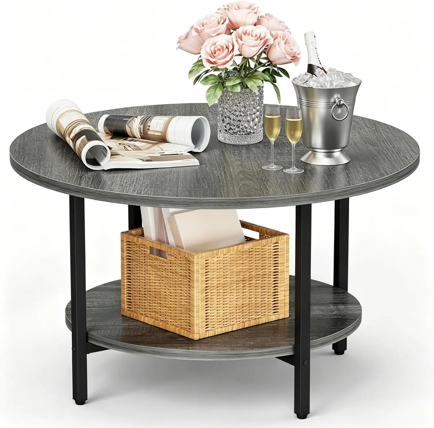 27.6-Inch Circular Coffee Table with Storage, 2-Tier Wood Accent Center Table for Living Room, Bedroom, Industrial Home Office, Elegant Gray
27.6-Inch Circular Coffee Table with Storage, 2-Tier Wood Accent Center Table for Living Room, Bedroom, Industrial Home Office, Elegant Gray