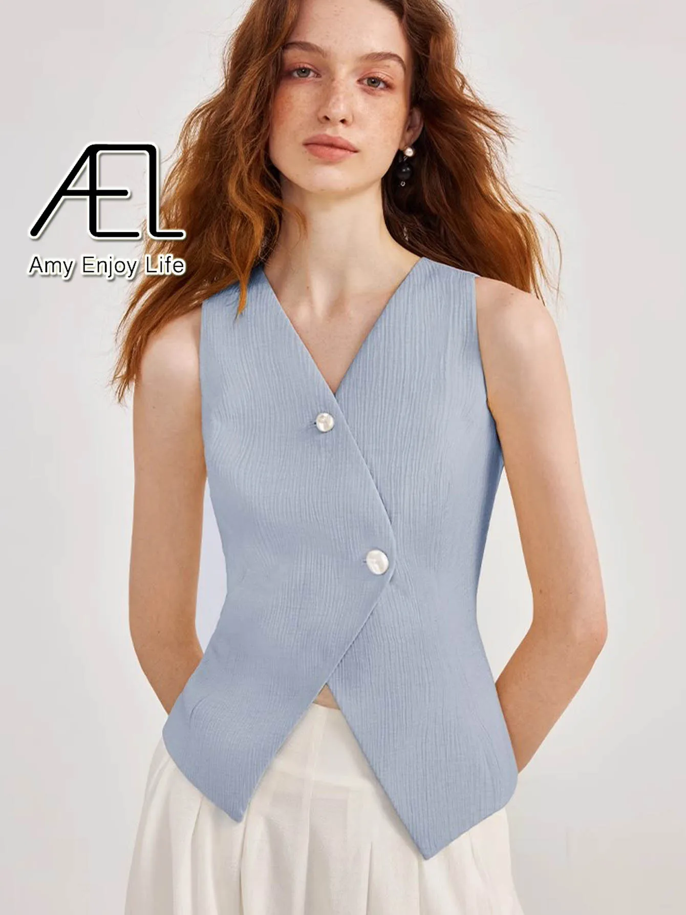 AEL Vest Jacket Sleeveless Summer Coat Solid Color Casual Elegant V-Neck Button Women Top
AEL Vest Jacket Sleeveless Summer Coat Solid Color Casual Elegant V-Neck Button Women Top