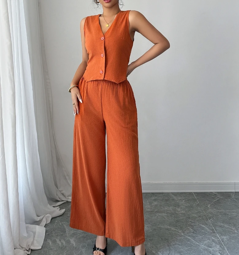 Advanced minimalist sleeveless slim fit two-piece V-neck single breasted sleeveless vest top and high waisted wide leg pants set
Advanced minimalist sleeveless slim fit two-piece V-neck single breasted sleeveless vest top and high waisted wide leg pants set