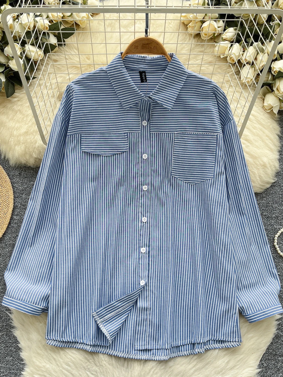 Ele mat Striped Long Sve irt Women's Loose Fitting Summer Top Sli Design Covering Meat Korean Sle
Ele mat Striped Long Sve irt Women's Loose Fitting Summer Top Sli Design Covering Meat Korean Sle