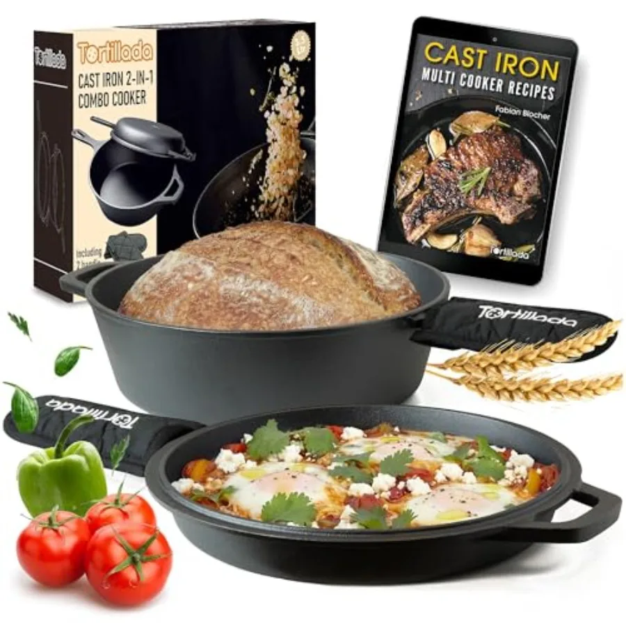 - Cast Iron Skillet 10 inch and Pot Dutch Oven (3.5 Quart) Preseasoned Cast Iron Combo Cooker + Handle Holder + E-Book with 50
- Cast Iron Skillet 10 inch and Pot Dutch Oven (3.5 Quart) Preseasoned Cast Iron Combo Cooker + Handle Holder + E-Book with 50