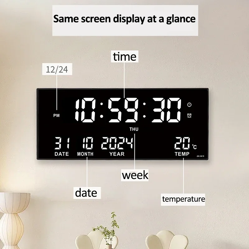 Digital Large Wall Clock Alarm Temperature Date Calendar Display 8 Sets of Alarm Clocks 14'' Electronic LED Clock Plug in Use
Digital Large Wall Clock Alarm Temperature Date Calendar Display 8 Sets of Alarm Clocks 14'' Electronic LED Clock Plug in Use