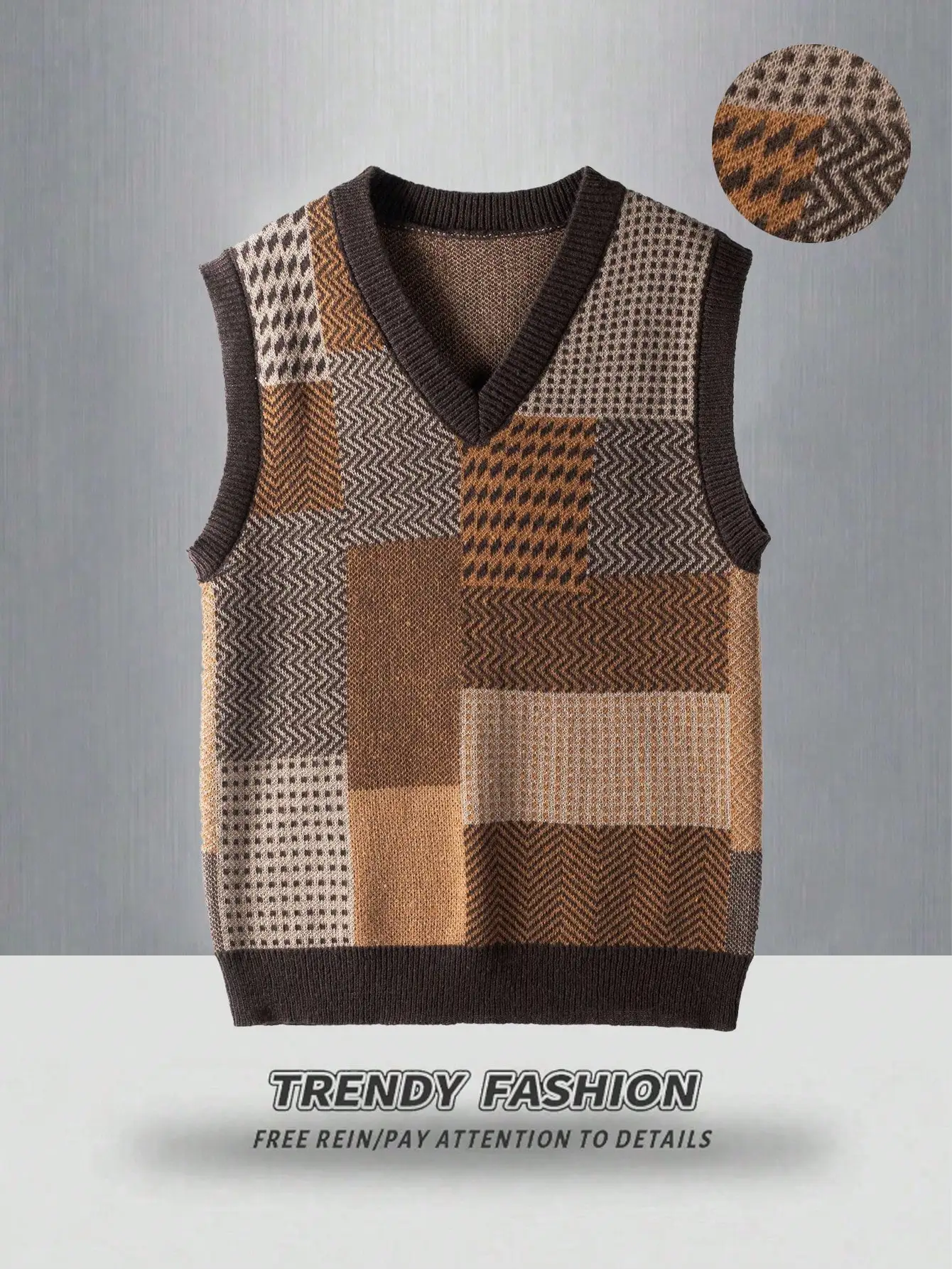 Men's Vintage Patchwork V-Neck Knit Vest for Fall Winter Casual Wear
Men's Vintage Patchwork V-Neck Knit Vest for Fall Winter Casual Wear