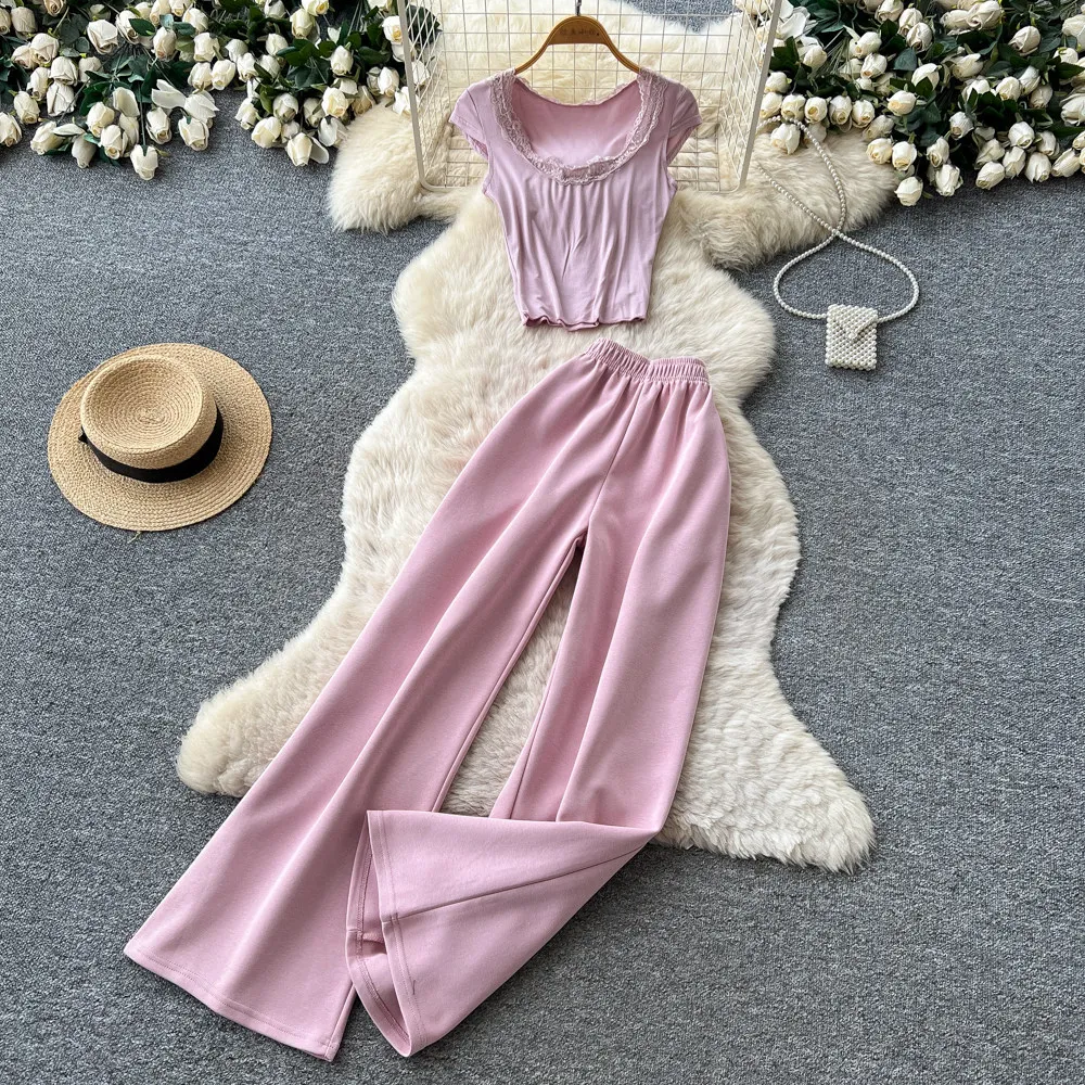 Women Pant Set Two Piece Sets V Neck Short Sleeve Tops Wide Leg Long Pants Elastic Waist Y2k Streetwear Elegant Casual Summer
Women Pant Set Two Piece Sets V Neck Short Sleeve Tops Wide Leg Long Pants Elastic Waist Y2k Streetwear Elegant Casual Summer