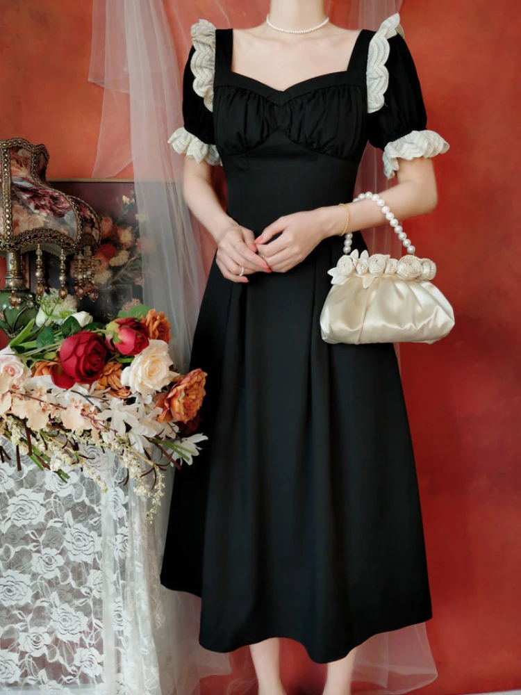 HOUZHOU Black Vintage Dress Women Elegant Lace Patchwork Short Sleeve Dress Mid-Calf Square Collar Puff Sleeve French Style Robe
HOUZHOU Black Vintage Dress Women Elegant Lace Patchwork Short Sleeve Dress Mid-Calf Square Collar Puff Sleeve French Style Robe