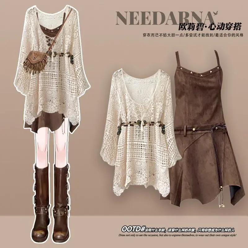 Spring and Summer Wear Women's 2026 New Fashion Hollow Blouse Elegant Strap Dress Two-piece Set
Spring and Summer Wear Women's 2026 New Fashion Hollow Blouse Elegant Strap Dress Two-piece Set