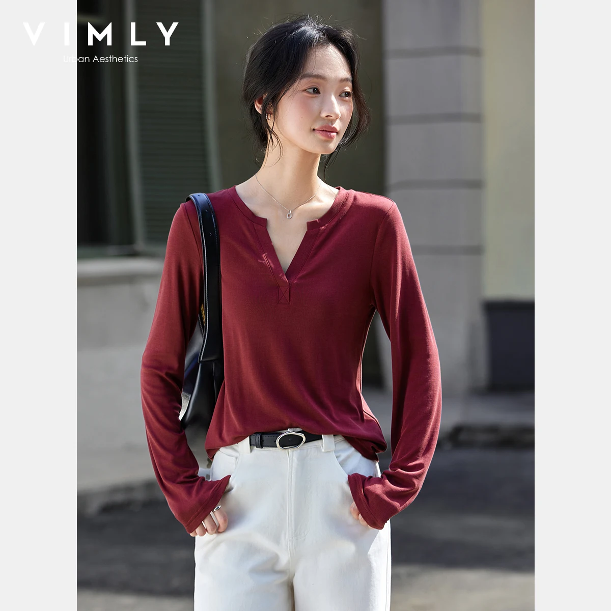 VIMLY Red Women's Autumn Long Sleeve Elegant T-shirts 2025 Casual Round Neck Female Tees Knitted Straight Ladies T-shirts A0139
VIMLY Red Women's Autumn Long Sleeve Elegant T-shirts 2025 Casual Round Neck Female Tees Knitted Straight Ladies T-shirts A0139