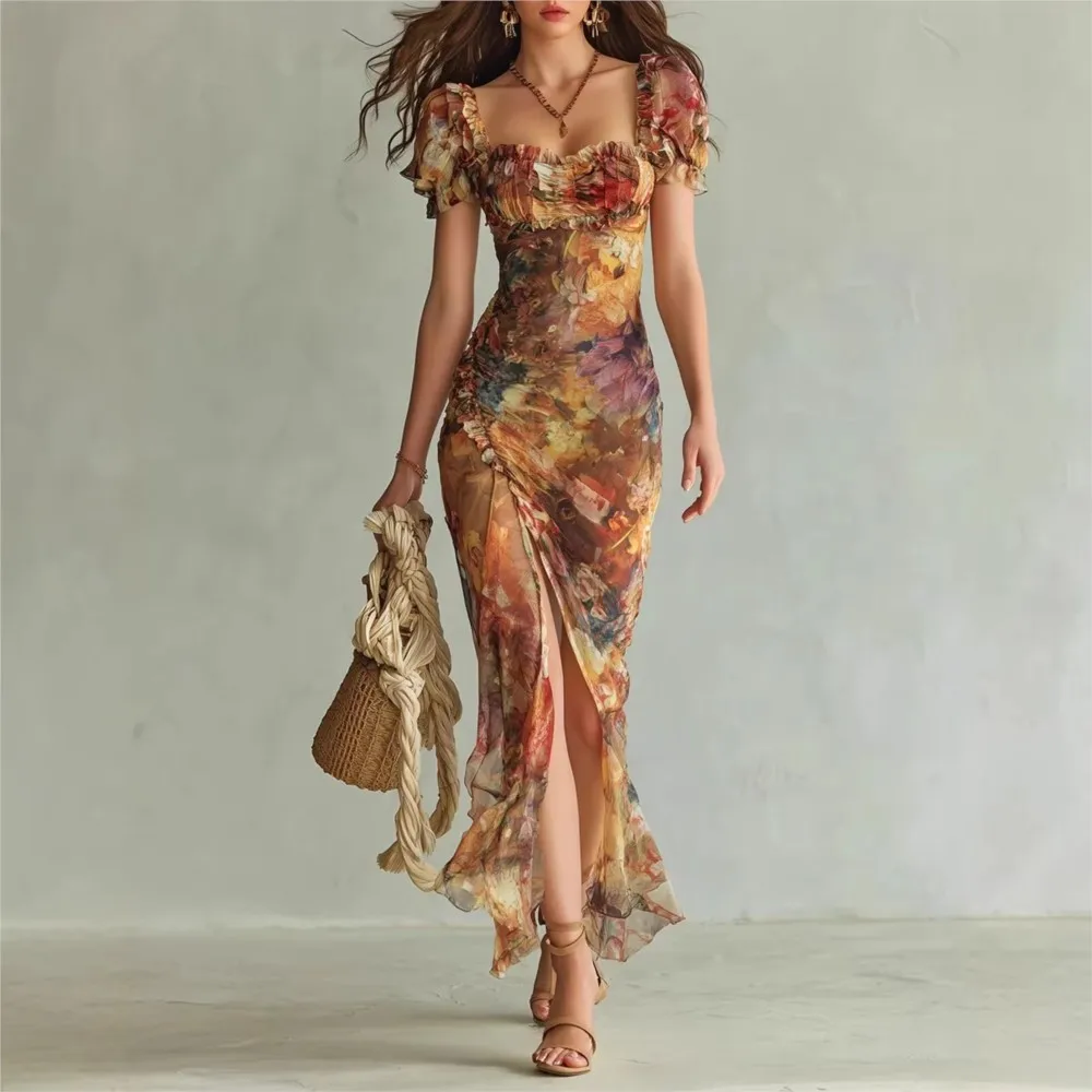 Floral Ruffled Breast-wrapped Dress Summer Women's Sexy V-neck Waisted Short-sleeved Slit Long Dress Ropa Para Mujer Vestidos
Floral Ruffled Breast-wrapped Dress Summer Women's Sexy V-neck Waisted Short-sleeved Slit Long Dress Ropa Para Mujer Vestidos