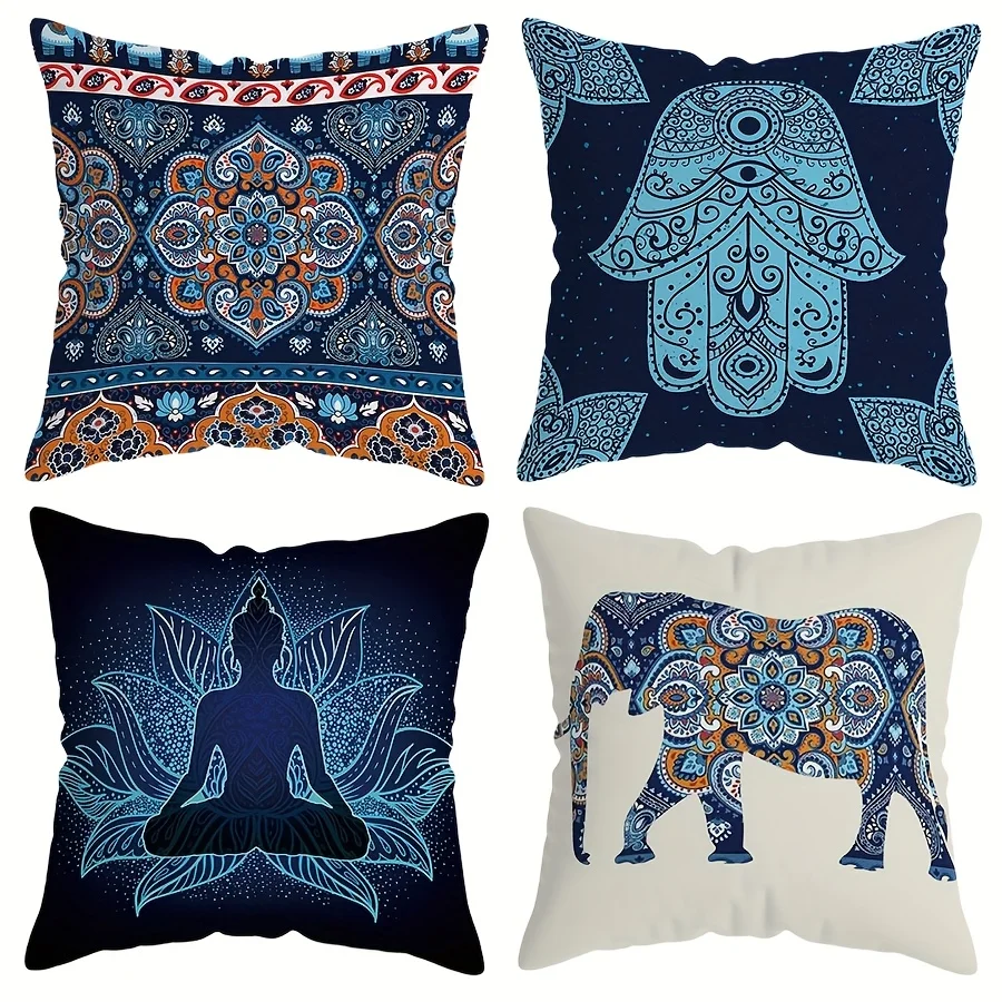 4Pcs Blue Bohemian Cushion Covers - Hippie Floral Mandala Print with Elephant/Hamsa/Buddha/Chakra Designs for Sofa Decor
4Pcs Blue Bohemian Cushion Covers - Hippie Floral Mandala Print with Elephant/Hamsa/Buddha/Chakra Designs for Sofa Decor